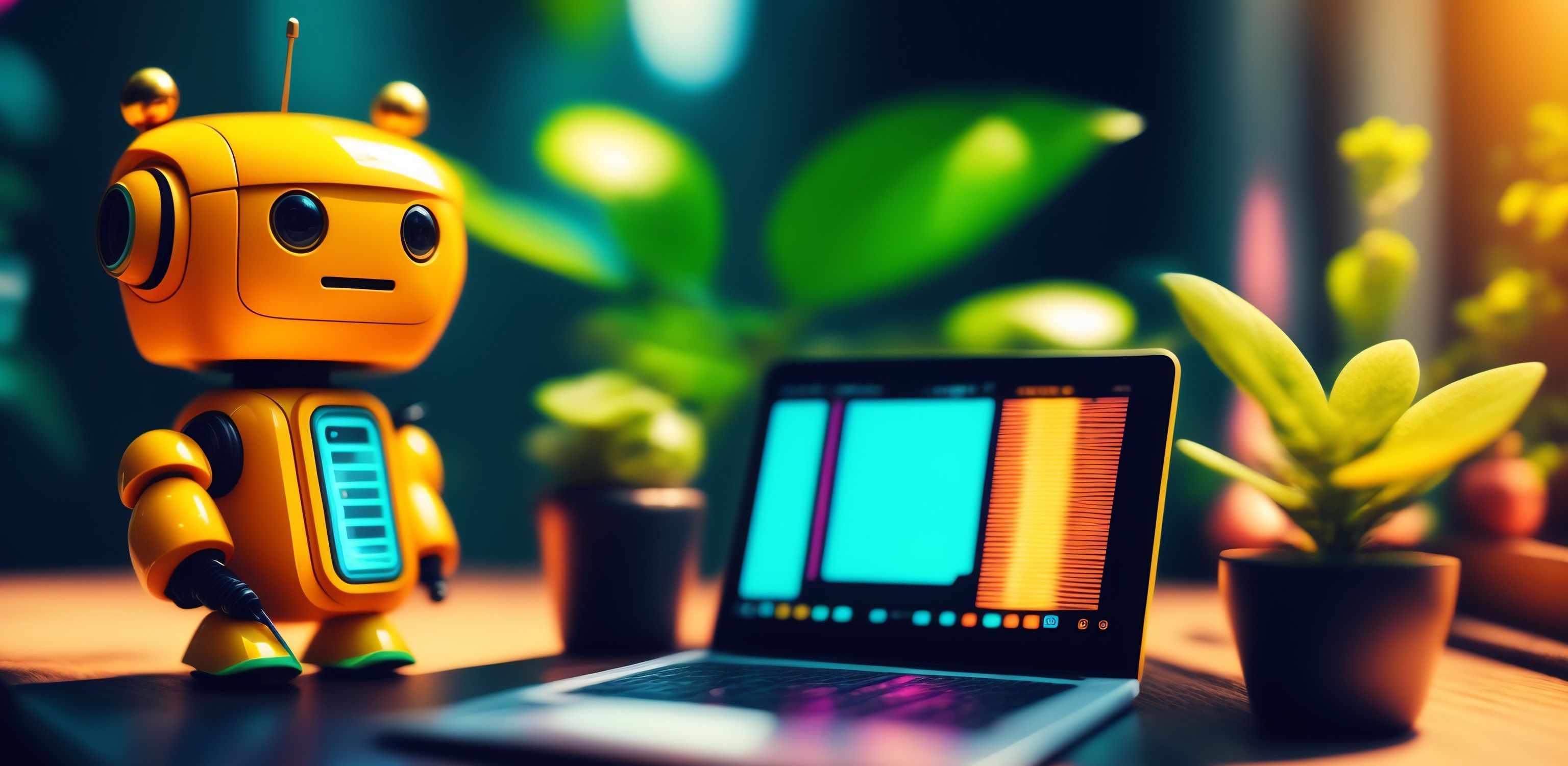 A tiny cute robot programming at a laptop